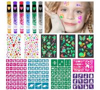 Tattoo Pens for Kids, Temporary Tattoo Set with 6 Coloured Glitter Pens, 148 Stick Stencils, 238 Self Adhesive Gems, 47 Glow In The Dark Tattoos, Kids Tattoos for Girls, Gifts for 3+ Year Olds Girls