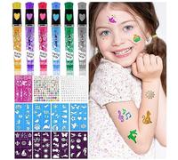 Tattoo Pens for Kids, Temporary Tattoo Set with 6 Different Coloured Glitter Pens, 86 Stick Stencils, 330 Self Adhesive Gems, Kids Tattoos for Girls Party Play Makeup, Gifts for 3+ Year Olds Girls