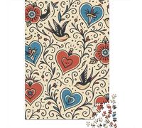 Tattoo Style Hearts 1000 Pieces Sustainable Board Vintage Floral Pattern Design Mindfulness Puzzle for Adults Lettered Back Pieces Relaxation Activity Museum-quality Print 52x38cm/1000pcs