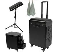 Tattoo Travel Case, Portable Makeup Trolley with Rolling Design, 3 Drawer Work Station, Armrest, Combination Lock & Handles for Artists