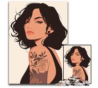 Tattoo Woman Portrait Minimalist Art 1000 Piece Jigsaw Puzzles for Adults Wooden Jigsaw Puzzles Brain Teaser Game Interactive Family Game Suitable for Ages 14 1000 PCS(75x50cm)
