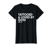 Tattooed and Loved By God Tattoo Christian Value Graphic T-Shirt, Women, Black, L