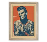 Tattooed Man in Red Modern Framed Wall Art Print A1 (84.1×59.4cm) Oak, Wall Decor for Living Room, Bedroom, Office & Home, Ready to Hang, Art Gift