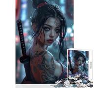 Tattooed Samurai Girl Jigsaw Puzzles 1000 Pieces for Adults Peaceful Calm Stress Relief Mindful Peaceful Leisure Game (38X26cm)
