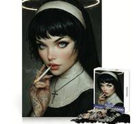 Tattooed Smoking Nun with Halo 1000 Pieces Jigsaw Puzzles for Teenagers Cognitive Toy Gentle Leisure Pattern Assembly Fine Art Piece (38x52cm)
