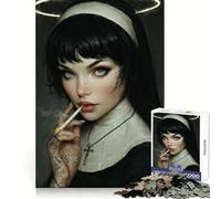 Tattooed Smoking Nun with Halo for Adults 1000 Piece Jigsaw Puzzle Pure Logic Toy Peaceful Time Sharp Cut Heartfelt Gift (50x75cm)