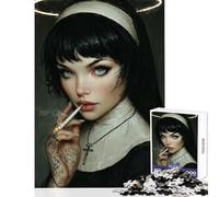 Tattooed Smoking Nun with Halo Jigsaw Puzzles for Adults 1000 Piece Funny Gifts Improve Memory Educational Toy Suitable for Ages 14 And Up (38x26cm)