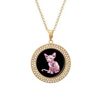 Tattooed Sphynx Cat Hairless Round Pendant Necklace Diamond Edging Brilliant Personalized Jewelry Gifts for Women Golden-style