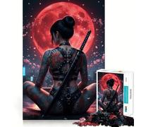 Tattooed Woman with Katana And Red Moon Jigsaw Puzzles for Adults 1000 Piece Memory Boost Cozy Time Pattern Assembly Santa Wish List (38x26cm)