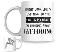 Tattooing Gift Mug | Funny “I Might Look Like I’m Listening But I’m Thinking About Tattooing” Coffee Cup | Novelty Tattoo Artist Mug for Tattooists, Apprentices & Ink Lovers | Studio Gift (Black)