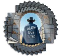 Tattoos Patio Decor Easy Apply | Man in Blue Cape with 'Slow Eggs Long' Stands Before Stone Archwa Happy Bumper Peel and Stick(6X9CM)