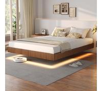 Tatub Walnut Queen Floating Bed Frame with LED Lights, Fluted Mid Century Modern Floating Platform Bed with Heavy Duty Metal Slats, No Box Spring Needed