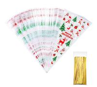Tatuo 100 Counts Christmas Patterned Cone Cellophane Bags Treat Candy Bags with 100 Pieces Gold Twist Ties for Christmas Party Favor