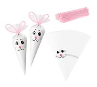 Tatuo 100 Pcs 6.7 x 13 Inch Easter Cone Shaped Cellophane Bags Bunny Rabbit Clear Cone Treat Bag with Pink Twist Tie for Candy Popcorn Cookie Snack Handmade Baking Birthday Easter Party Favor Gift