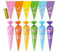 Tatuo 100 Pcs Easter Rabbit Bags for Treats Cone Cellophane Candy Plastic Bags with 100 Pieces Gold Twist Ties for Cookies Candy Easter Party Popcorn Goodie Cookie Party Favor Decor