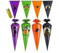 Tatuo 100 Pcs Halloween Candy Bags Pumpkin Patterned Cone Treat Bags Triangle Cellophane Pouch with 100 Pieces Twist Ties for Popcorn Goodie Cookie Halloween Party Favor(Combination Pattern 2)