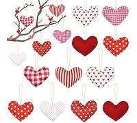 Tatuo 16 Pcs Valentines Fabric Heart Hanging Ornaments 4 Inch Valentine's Day Burlap Rustic Stuffed Heart Ornaments for Outdoor Home Wall Decor Farmhouse Decor Tier Tray Filler(Classic Style)