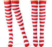 Tatuo 2 Pairs Women Long Striped Socks Over Knee High Opaque Stockings for Mardi Gras St Patrick's Day Irish Christmas (Purple Green and Yellow Stripe)