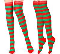 Tatuo 2 Pairs Women Long Striped Socks Over Knee High Opaque Stockings for Mardi Gras St Patrick's Day Irish Christmas (Purple Green and Yellow Stripe)