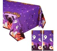 Tatuo 2 Pcs Halloween Tablecloth 54 x 108 Inch Plastic Halloween Table Cover Purple Black Cat Bat Pumpkin Halloween Party Decorations Outdoor Scary Rectangular Halloween Party Decoration