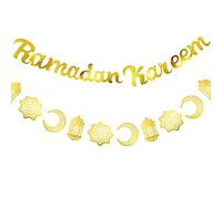 Tatuo 2 Pieces Ramadan Kareem Banner Gold Glittery Banner Decorations and Moon Stars Lantern Garland Party Decorative Eid Festival Hanging Garlands for Home Party Supplies Ramadan