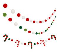 Tatuo 3 Pieces Christmas Felt Ball Garland, Candy Cane Felt Banner, Pom Pom Garland for Christmas Decoration, Red, Green