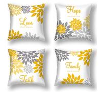 Tatuo 4 Pcs Flower Pillow Covers Square Summer Pillow Cushion Cases 18 x 18 Inch Family Faith Hope Love Words Decorative Spring Winter Cushion Case for Bed Couch Sofa Living Room(Yellow Silver Series)