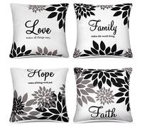Tatuo 4 Pcs Flower Pillow Covers Square Winter Pillow Cushion Cases 18x18 Inch, Family Faith Hope Love Words Decorative Spring Summer Cushion Case for Bed Couch Sofa Living Room(Black Series)