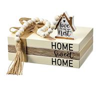 Tatuo 4 Pcs Wooden Farmhouse Decorative Books for Home Decor Coffee Table Faux Books for Decoration White Fake Decorative Home Sweet Stacked Display Set with Beads Garland Shelf Living Room Decor