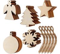 Tatuo 50 Pieces Christmas Wooden Ornaments Wood Snowflake Angel Star Christmas Tree Round Discs Decorations Hanging Embellishments with 50 Pieces Strings