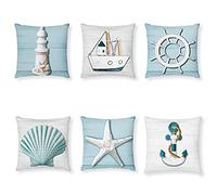 Tatuo 6 Pieces Ocean Beach Pillow Covers 18 x 18 Inch Nautical Summer Sea Theme Cushion Covers Starfish Lighthouse Sailboat Anchor Sea Shell Coastal Throw Pillow Cases for Home Bed Decoration