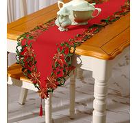 Tatuo Christmas Embroidered Table Runner Xmas Flower Red Cover Christmas Leaf Table Linens for Holiday Home Dining Decoration(15 x 58 Inch)