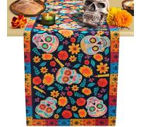 Tatuo Day of the Dead Table Runner Mexico Linen Dia De Los Muertos Sugar Skull Table Decor for Halloween Holiday Party Home Kitchen Dinning Room Fireplace Table Decoration, 71 x 14 Inches (Tradition)