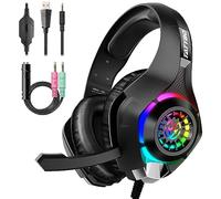Tatybo Gaming Headset for PS4 PS5 Xbox One PC, Over-Ear Gaming Headphones with Surround Sound, Noise Canceling Mic, RGB Light