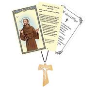 Tau Cross Pendant - Franciscan Cross Necklace, Laminated St Francis Assisi Prayer Card, The Lord's Prayer | Wood Crucifix Tau Pendant on 28 Inch Cord Tau Cross Necklace, Catholic Cards Set | 3 Items