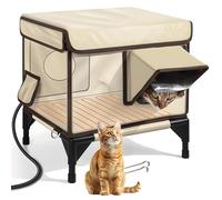 TAUIANE Outdoor Heated Cat House in Winter, Insulated & Weatherproof, Elevated Feral Cat Shelter with Waterproof Eaves & Escape Door for Outside Stray Barn Cat,Beige,L