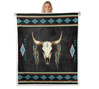 Tauren Skull Aztec Throw Blanket,Native American Bed Blanket for Boys Girls Adults Living Room Bedroom,Western Style Bohemian Fuzzy Fleece Rug,Throw Size (50 x 60 Inches)