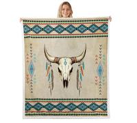 Tauren Skull Aztec Throw Blanket,Western Style Bohemian Bed Blanket for Boys Girls Adults Living Room Bedroom,Native American Fuzzy Fleece Rug,Twin Size (60 x 80 Inches)