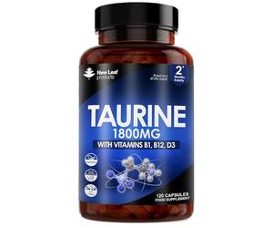 Taurine Supplement - High Strength 1800mg Capsules Enriched with Vitamins B1, B12 & Vitamin D3-120 Amino Acids Capsules - Vegetarian Made in The UK by New Leaf