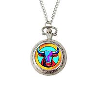 Taurus Pop Art Zodiac Pocket Watch - Colourful Horoscope Gift for Men, Silver Chain & Gift Box - Fun Astrology Present for Taurus Birthdays or Christmas