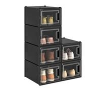 TAUS Shoe Storage Box, 6 Pcs Shoe Box Plastic Stackable, 35.8x27.7x20.8cm, Sturdy Foldable Shoe Organizer Containers with Magnetic Door for Women/Men, Fit up to UK Size 14,X-Large Size, Black