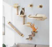 TAUS Wall-Mounted Cat Tree Set, 7-Piece Solid Wood Climbing Furniture with 3 Scratching Posts, 2 Corner Platforms, and 2 Steps for Cats to Sleep and Play