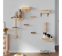 TAUS Wall-Mounted Cat Tree Set, 7-Piece Solid Wood Climbing Furniture with Scratching Posts, Corner Platform, Climbing Ladder, and Sleeping Basket for Cats to Play, Sleep, and Relax
