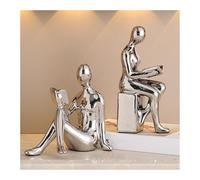 Tauzveok Thinker Sculpture Reading Decorative Figurines Ceramic Abstract Art Statue for Bookshelf Decoration Sculptures, Decorative Books, Office Decoration, Modern Decorative Figures,silver A