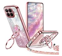 Tawarror Glitter Case with Rope for Xiaomi 15T Pro, Electroplated Silicone Love Heart Case, Case with Double Ring Stand and Adjustable Collar Strap Neck Cord, Rose Gold