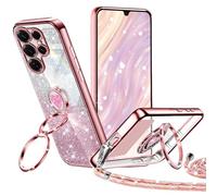 Tawarror Glitter Mobile Phone Case for Samsung Galaxy S25 Ultra Case with Strap, Galvanised Silicone Protective Case with Hearts Double Ring Stand, Cord for Hanging, Shockproof Case, Rose Gold