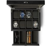 TAWBURY 8 Slot Watch Box with Storage Drawer | Elevate Your Collection with this Premium Black PU Leather Watch Box for Men | Featuring Extra-Wide Pillows for Oversized Watches
