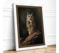 Tawny Owl Perched Japandi Framed Wall Art Print A1 (84.1×59.4cm) White, Wall Decor for Living Room, Bedroom, Office & Home, Ready to Hang, Art Gift