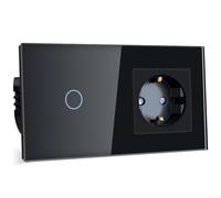 TAWOIA Light Switch with Schuko Socket Combination, Flush-Mounted, 16 A Socket, 157 x 86 mm, Hardened Crystal Plate with LED Backlight, Single 1-Way Touch Wall Light Switch, 1000 W, Black