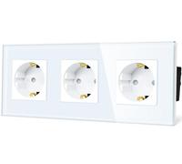 TAWOIA Schuko Socket, EU Standard 3-Way Socket Glass Flush-Mounted Socket, Sockets with Crystal Glass Plate, 3 Sockets, Wall Sockets, White, 86 x 228 mm